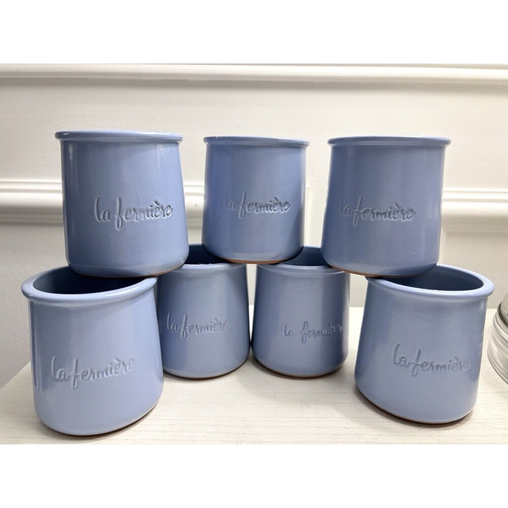 La Fermière Yogurt Pots Lot of 7 Periwinkle Blue Glazed Terra Cotta Ceramic Jars